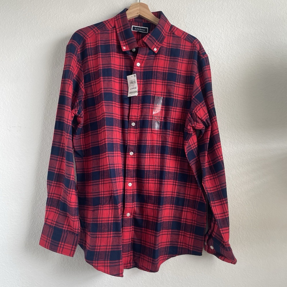 Club Room Red Black Plaid Soft Flannel Button Down Shirt Men's L